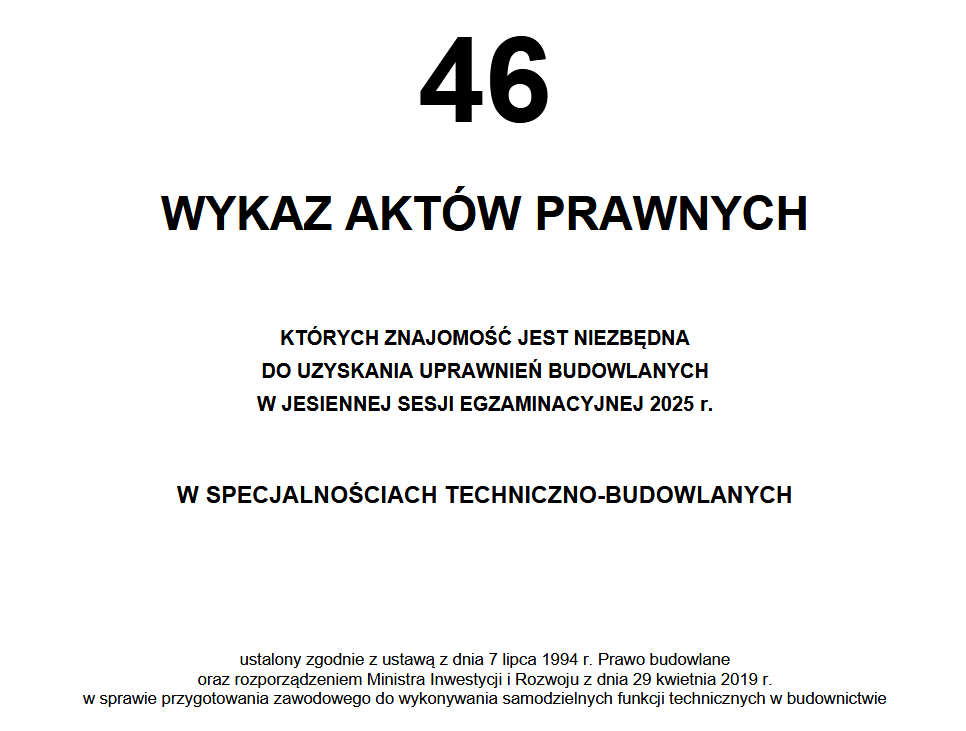 PIIB Wykaz aktów prawnych, których znajomość jest wymagana do uzyskania uprawnień budowlanych w sesji jesiennej 2025r.